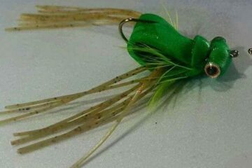 A green frog with long legs and feathers.